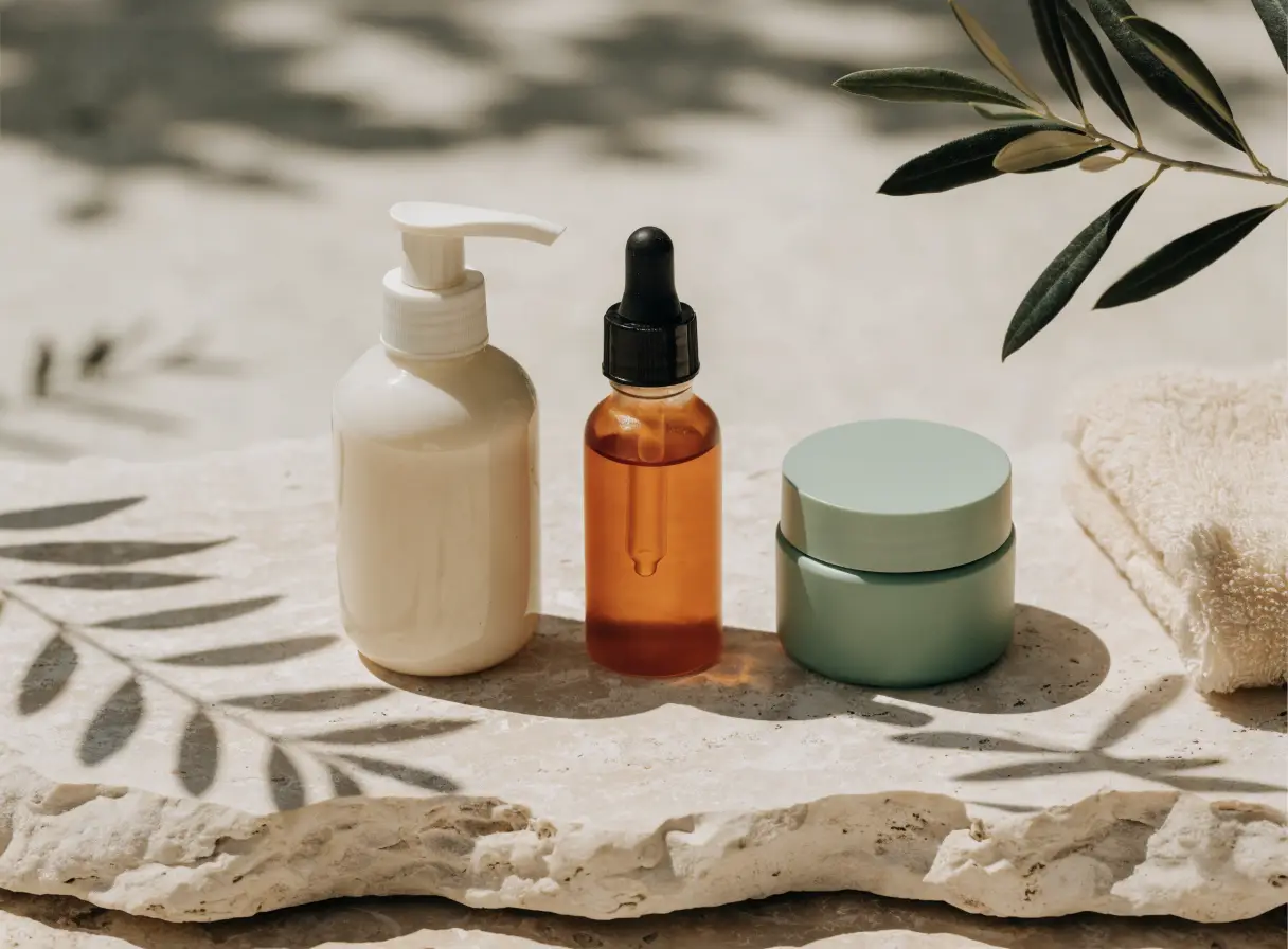 Üç adımlı bakım seçkisi: temizleyici, serum ve krem.